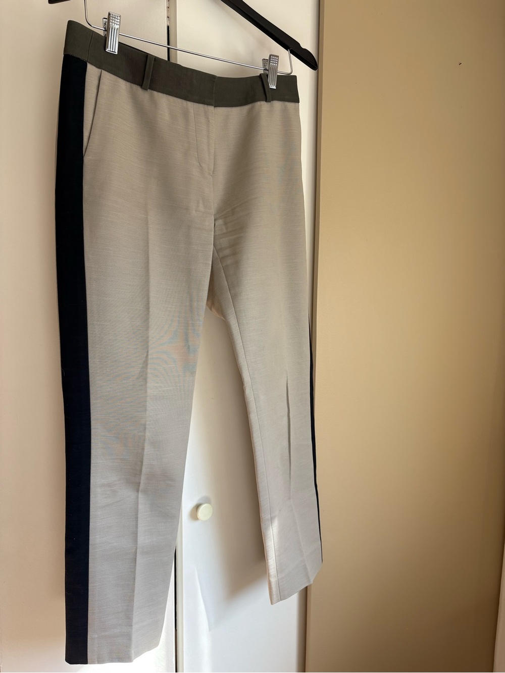 kate spade Beige Straight-Leg Pants with Black Side Stripe and Olive Waistband
